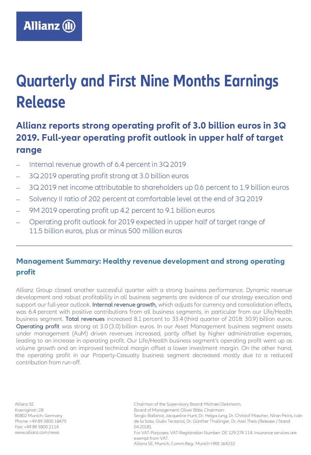 Allianz 3Q2019 earnings release EN 1