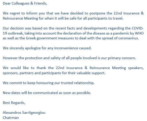 insurance meeting mykonos postponed